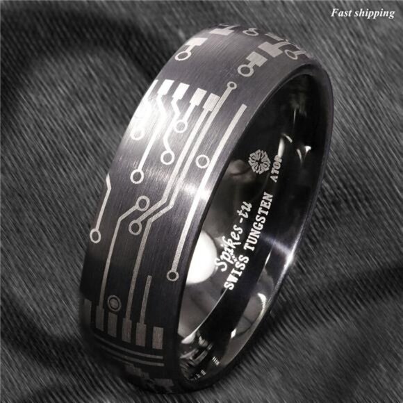 Men's Wedding Band - Dome Brushed Black Laser Circuit Board Ring for Men - Picture 5 of 5